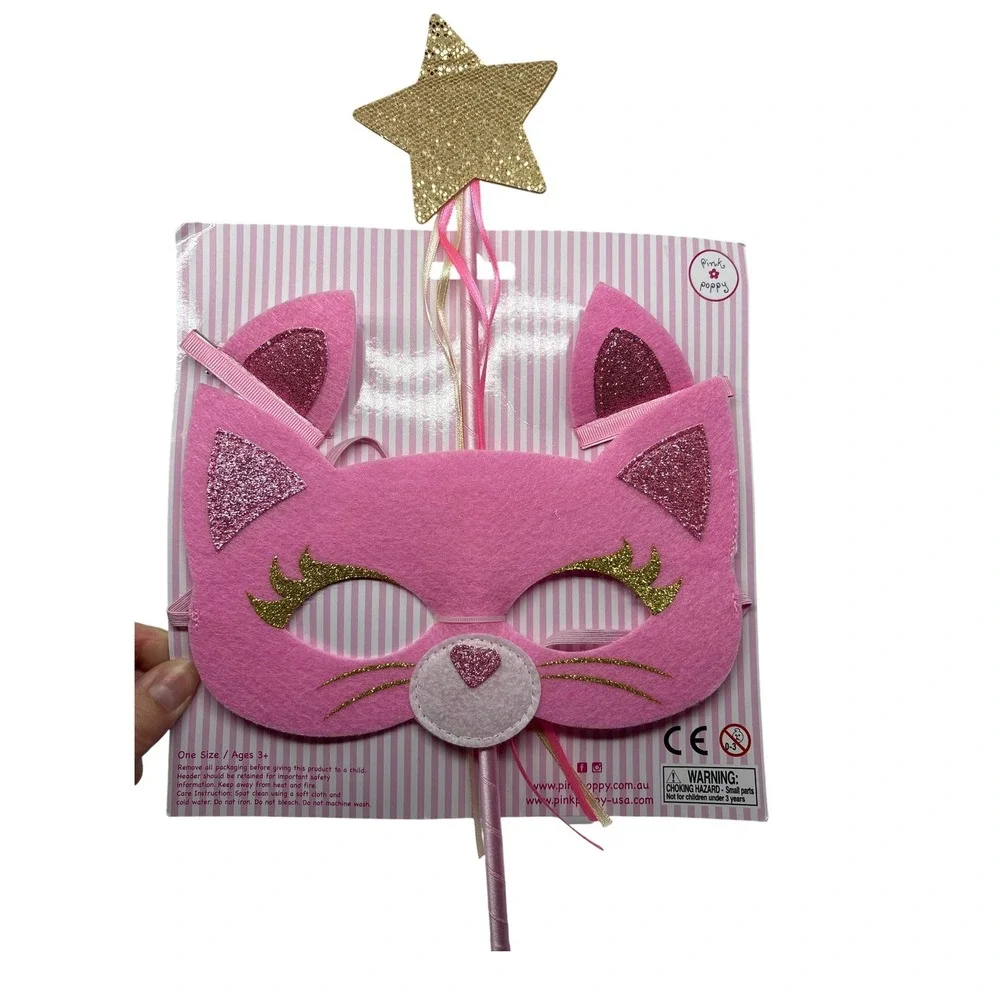 Pink Cat Mask & Gold Star Wand Set - Dress Up, Pretend‎ Play, Halloween Costume